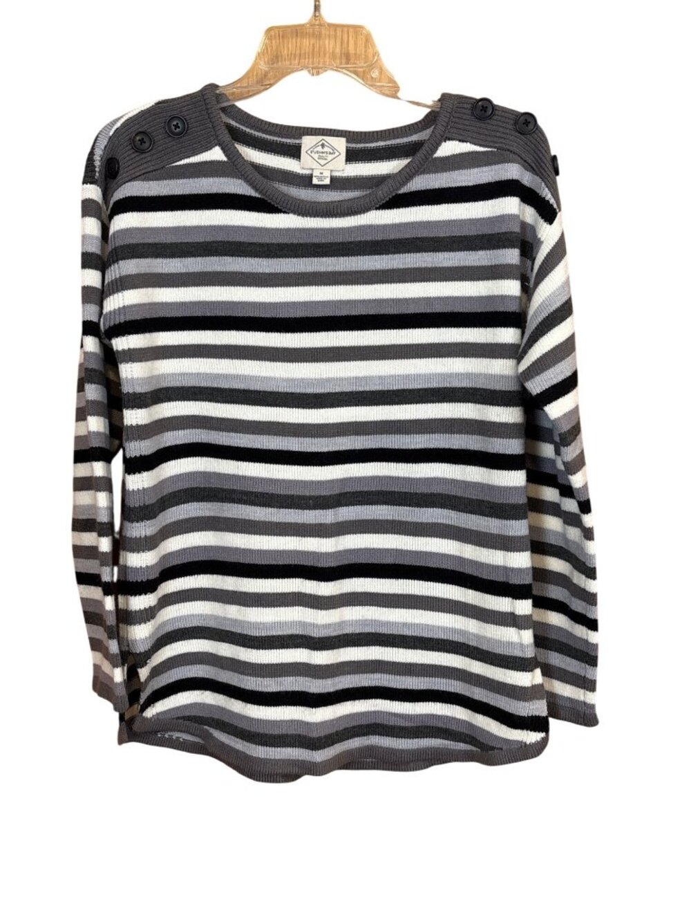 St. Johns Bay Womens Striped Button Shoulder Sweater M 100% Acrylic Gray & White